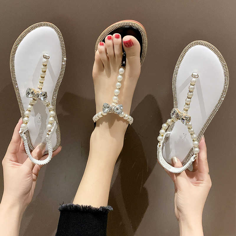 

Sandals Women's shoes sandals 2020 summer new fashion pearl flat shoes flip flops, White