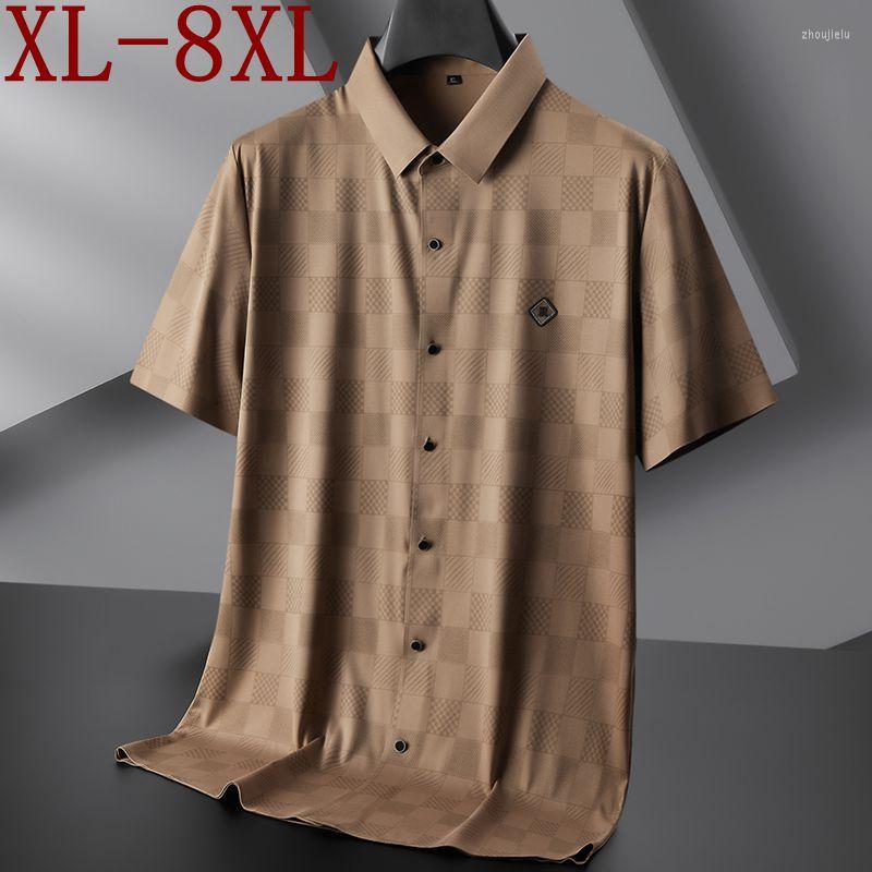 

Men's Casual Shirts 8XL 7XL 6XL 2023 Summer Ice Silk Breathable Plaid Shirt Men Clothing High End Fashion Mens Loose Camisas De Hombre, Khaki