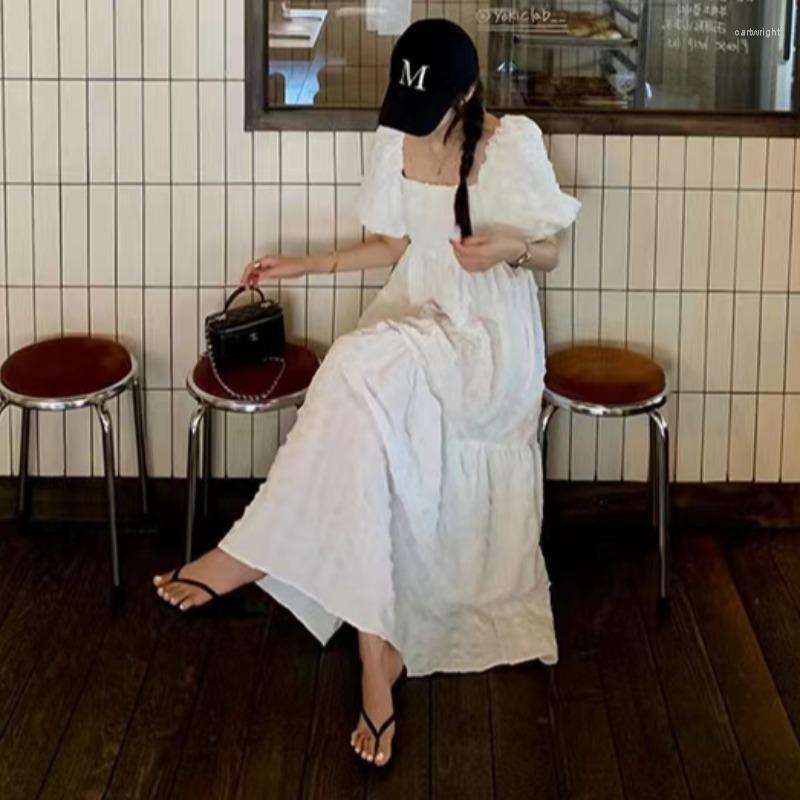 

Casual Dresses Korean Dongdaemun Temperament Square Collar Bubble Sleeve Waffle Lattice Backless White Cloud Puff Dress Women's Long, Black