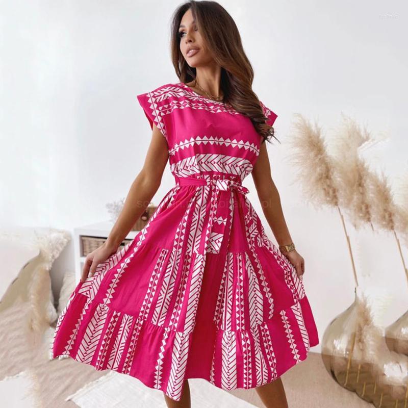 

Party Dresses Summer Woman Elegant Print Short Sleeve Belt Dress Ladies Casual Lace Up Robe Ruffle Stitching A-Line Office Vestidos, Black