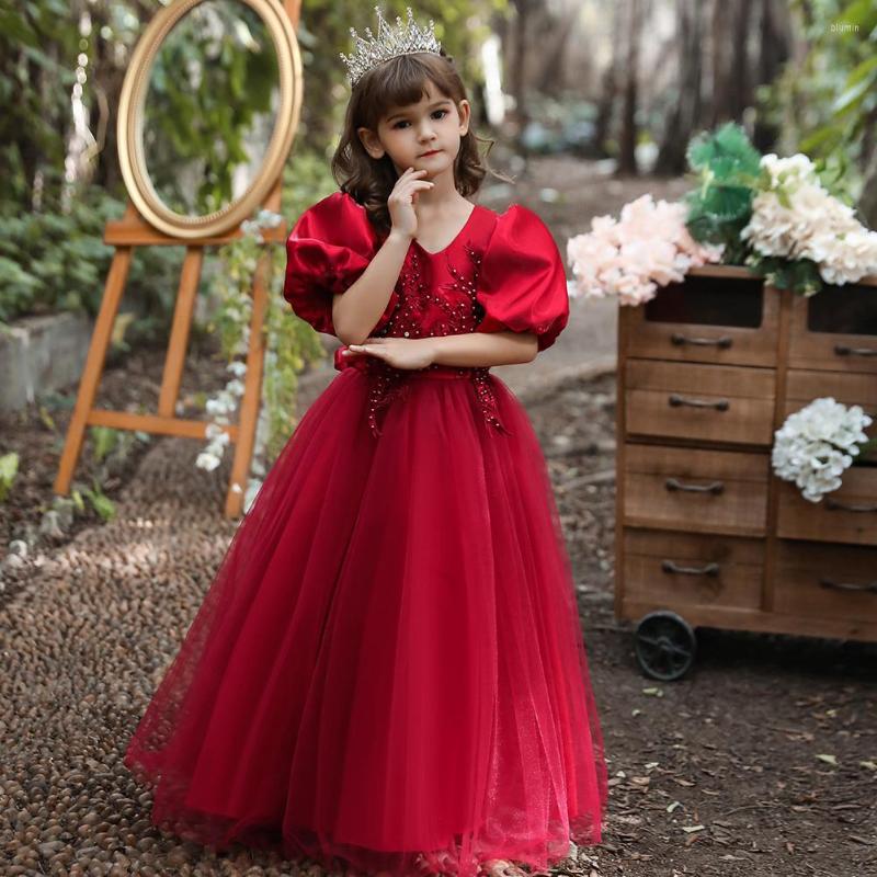 

Girl Dresses Beaded Flower Girls Dress Wedding Party Kids Puff Sleeve Princess Pageant Long Gown Children For Birthday Clothes, White