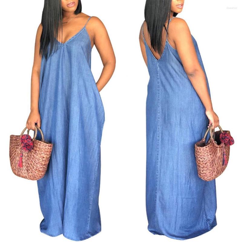 

Casual Dresses Summer Women Loose V Neck Backless Spaghetti Strap Jeans Denim Maxi Dress, Blue