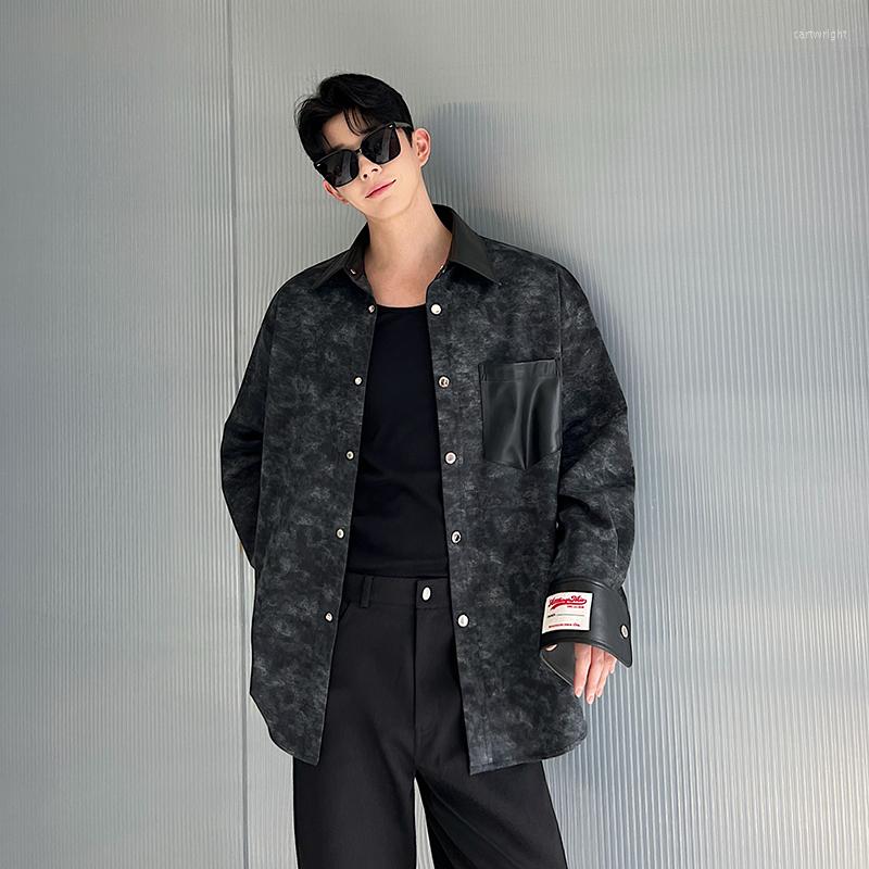 

Men's Casual Shirts Men Tie-dyed Knitted Patchwork Leather Long Sleeve Loose Jackets Male Streetwear Fashion Cardigan Coat, C0573