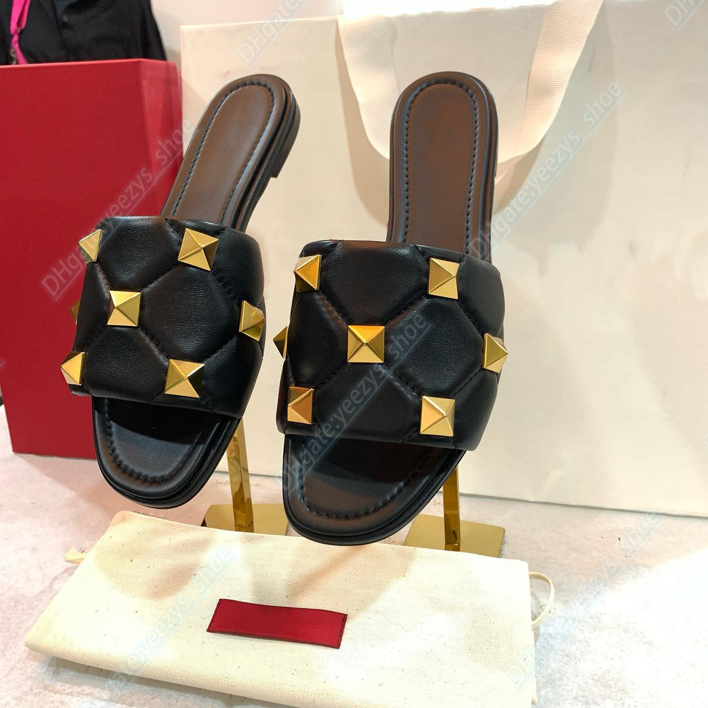 

women rivet slipper designer luxury sandal ROMAN STUD quilted nappa man leather slides Summer sandal beach Outdoor Fashion sexy flat shoe with box, #3
