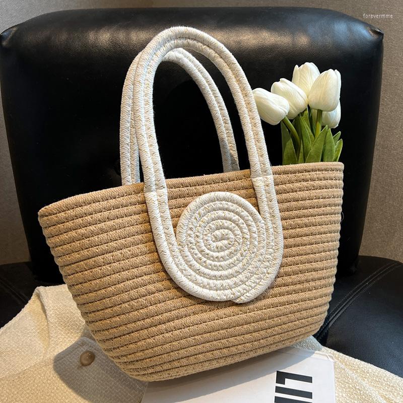 

Evening Bags 2023 Summer Women Weave Cotton Rope Tote Bag In Travel Beach Handmade Lady Big Simple Bucket Shoulder Side Handbags, White black