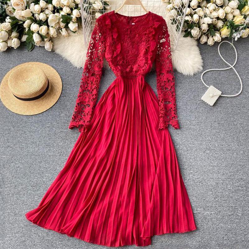 

Casual Dresses 2023 Spring Solid Sweet Women Lace Hollow Out Party Maxi Dress Long Sleeve A Line Chiffon Bodycon Vestidos, Pink