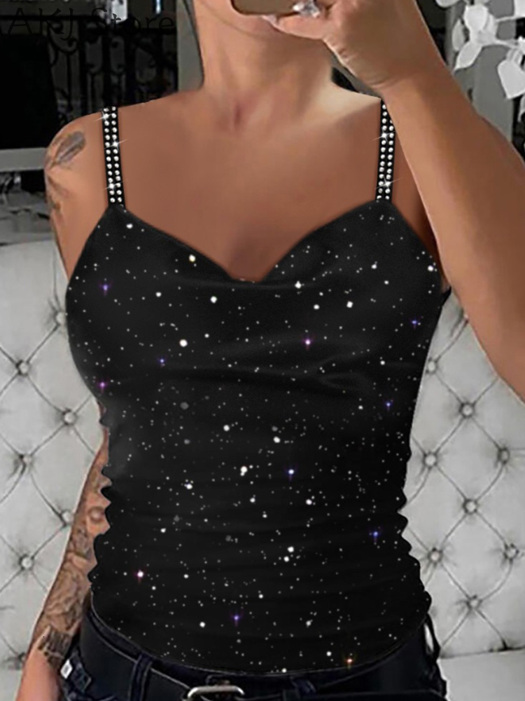

Camisoles Tanks Women Spaghetti Strap Glitter Top 230412, Black