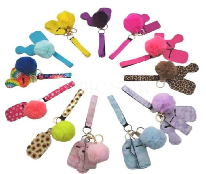 

11 Colors 5pcs Defense Keychain Set Pompom Hand Sanitizer Wrist strap Lipstick Keychains Silver Keyring For Woman Men Selfdefense4835808