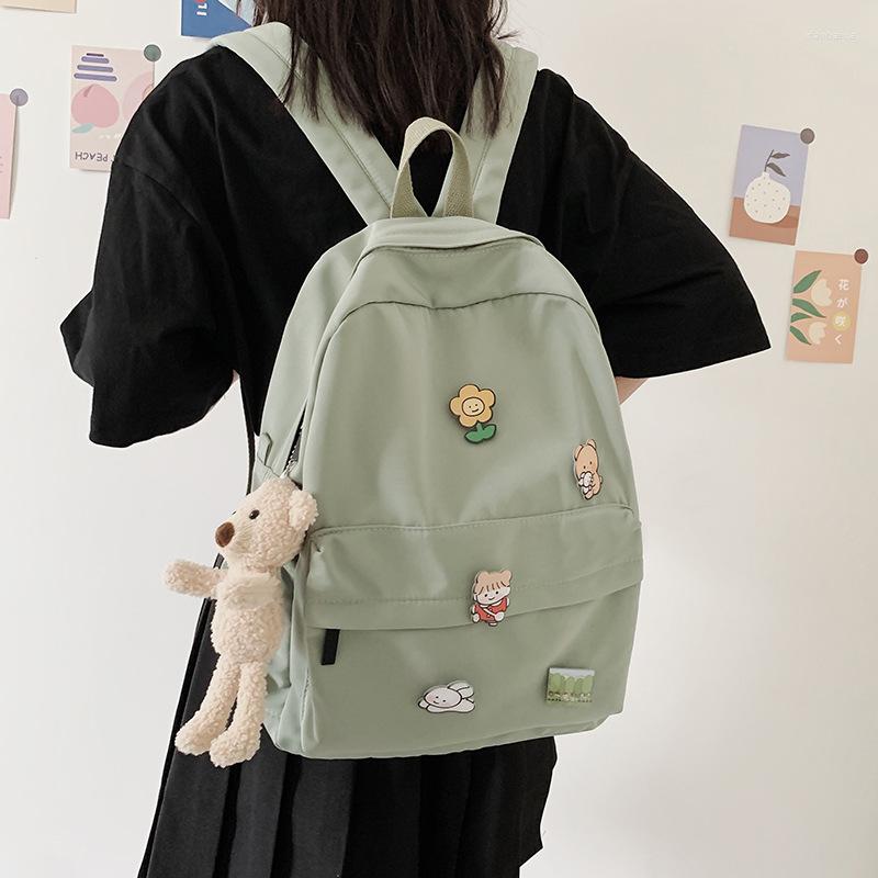 

School Bags Fashion Women Student Backpack Waterproof Badge Bear Nylon Girls Laptop Bag Leisure Kawaii Cute Mochila Rucksack Female, Black