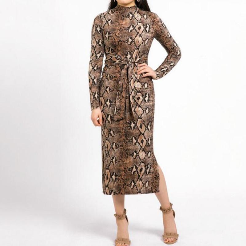 

Casual Dresses Sexy Snake Print Women Slim Split Dresss Autumn Full Sleeve Sashes Bodycon Stretch Party Midi Snakeskin Female Vesitido