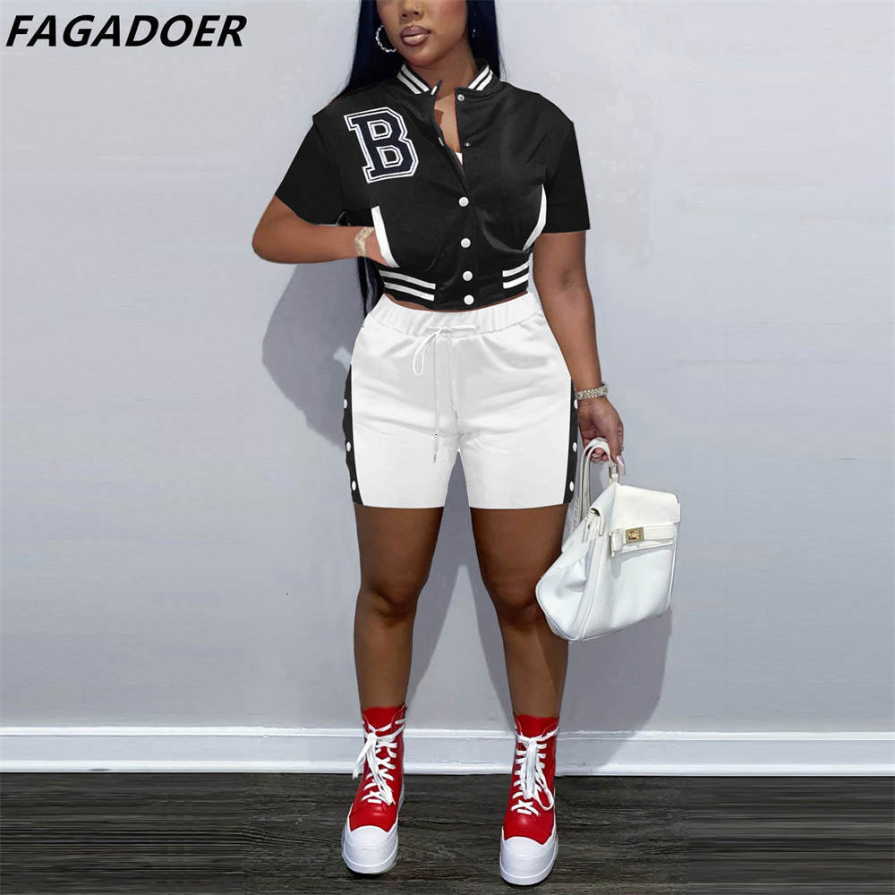 

Women' Tracksuits FAGADOER Casual Baseball Uniform Letter Print Tracksuits Women Button Crop Top And Shorts Two Piece Sets Female Matching Outfits 230413, Black
