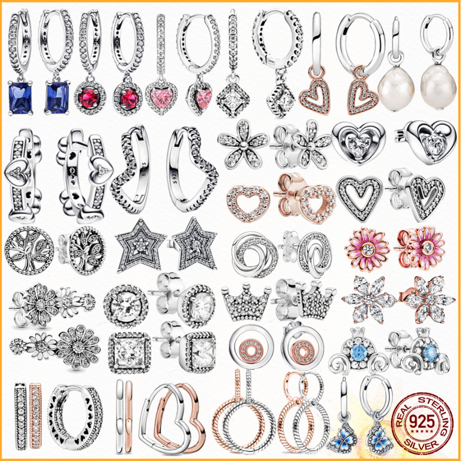 

925 Sterling Silver Pandora Earrings and Shining Hearts and Butterfly Earrings Female Jewelry Fashion Accessories Gifts for Free Delivery