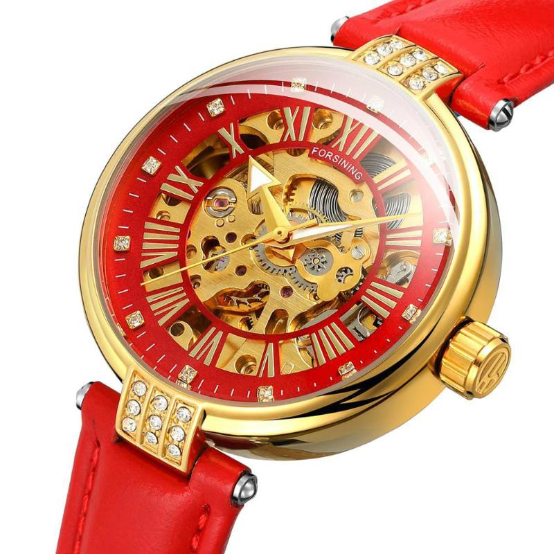 

Wristwatches Ladies Fashion Casual Hollow Mechanical Movement Rhinestone Waterproof Automatic Watch Luxury 2023 Leather Color, Red