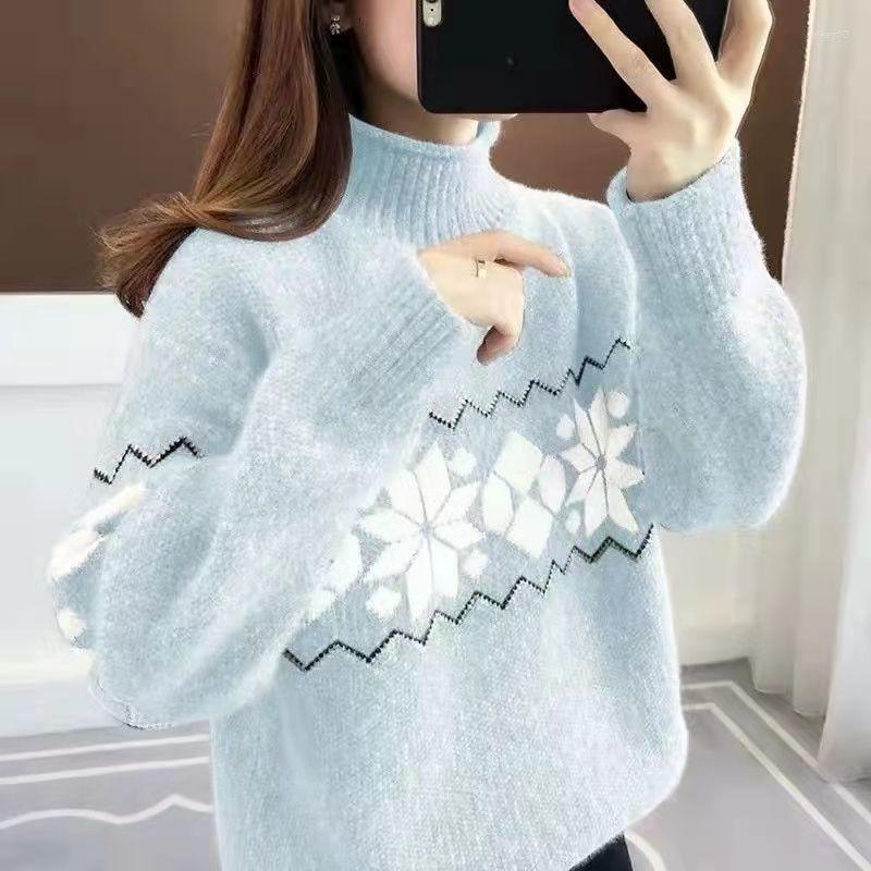 

Women's Sweaters Ladies Mink-like Turtleneck Sweater Women's Lazy Wind Loose Autumn Winter Fashion Pullover Jacquard Color Matching, Pink