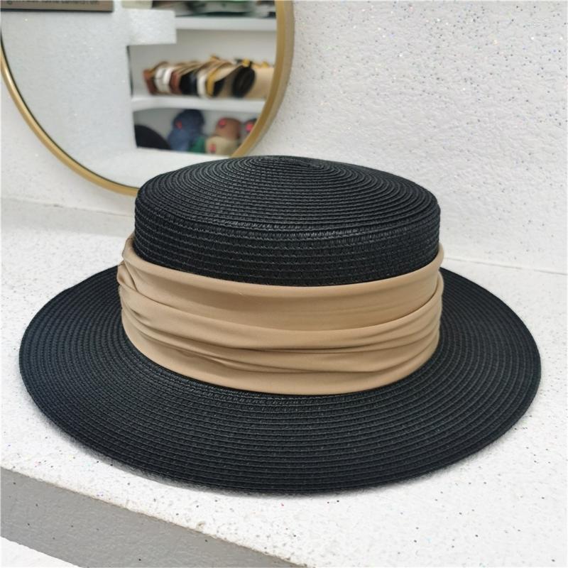 

Wide Brim Hats Straw Hat For Women 2.36 Inch Fashionable Flat Top Protections Beach Vacation Summer Accessory, Black brown ribbon