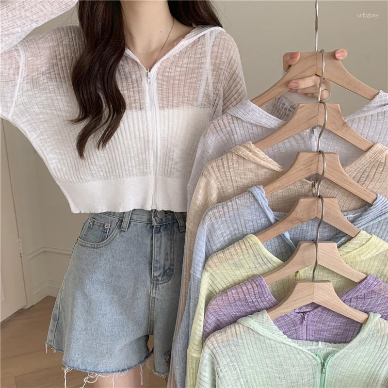 

Women's Knits Arrival Hoody Knitted Cardigan Girls Summer Thin Transparent Zipper Tee Shirts Women Outerwear Crop Tops, Yellow