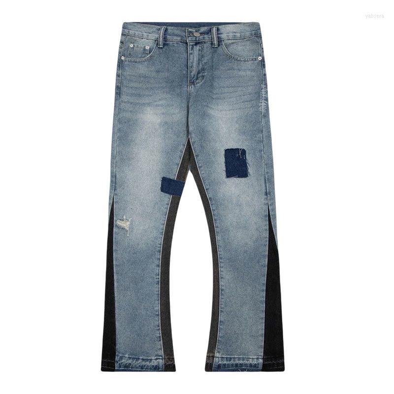 

Men's Jeans High Street Destroyed Ripped Blue Patchwork Punk Hip Hop Pants Streetwear Splicing Men Flare