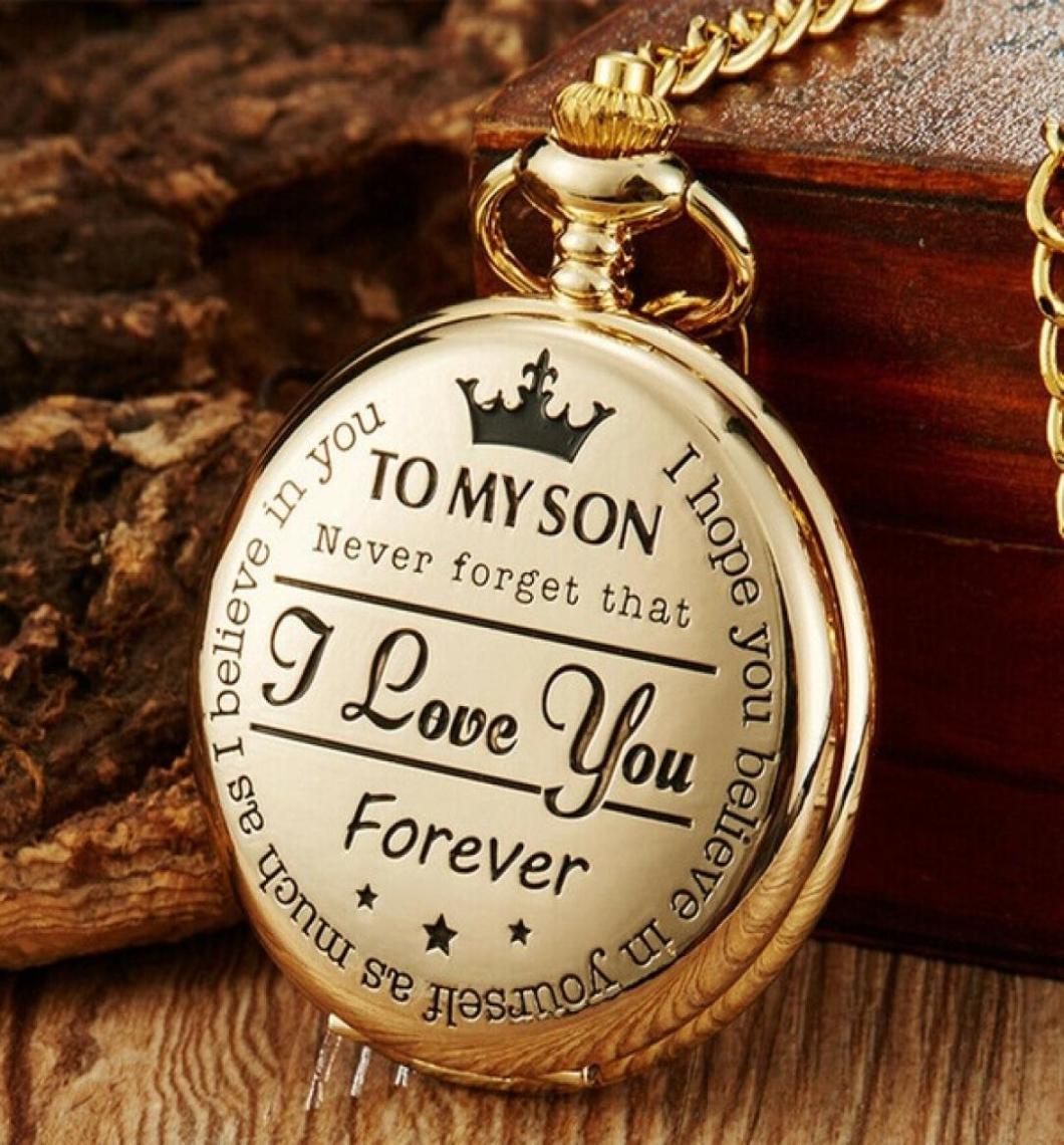 

Vintage Silver Black Gold quotTo MY SONquot Laser Word Men Boy Analog Quartz Pocket Watch Pendant Chain Children Kids Watches 4960631