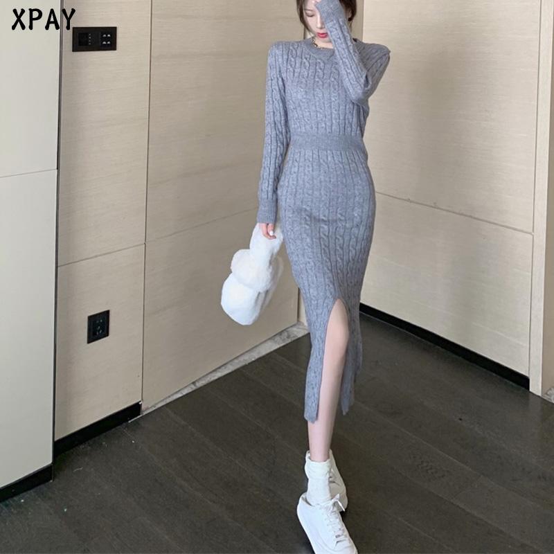 

Casual Dresses One Piece Autumn Winter Sweater Knit Dress Women 2023 Elegant High Elastic Twist Knitted Woman Slim Korean Midi, Gray