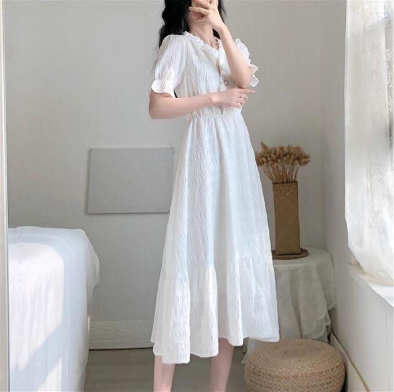 

Casual Dresses Dress Women Vintage White Summer Design College Girls Lovely Ruffles High-Waist Elegant Ladies Holiday Wear