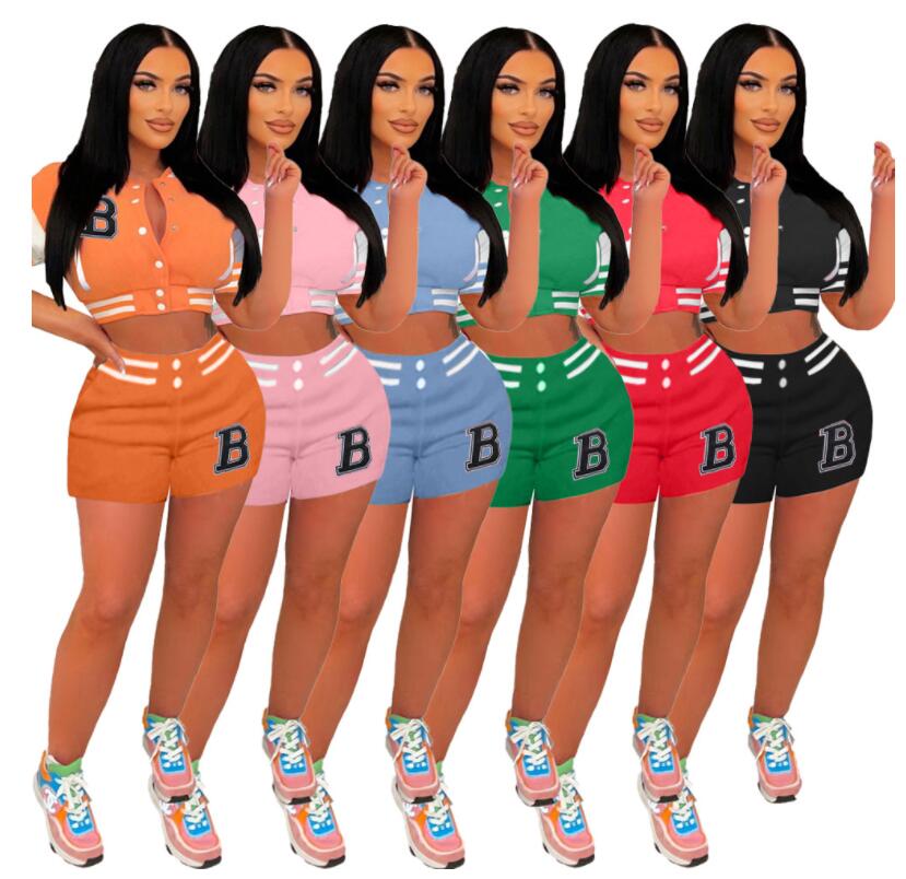 

Summer Casual Tracksuits Baseball Two Piece Set Women single breasted cardigan Short Sleeve Top and Slim shorts Matching Outfits Streetwear, 08