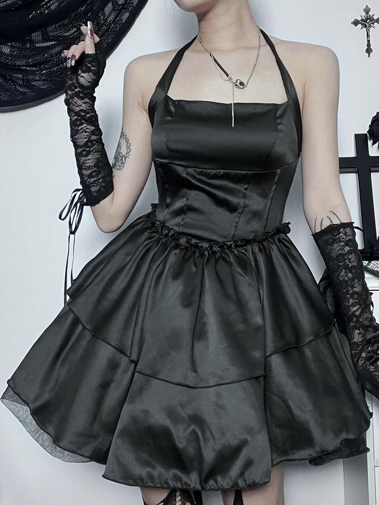 

Casual Dresses Goth Corsets Backless Pleated Mini A Line Halter Women Sleeveless Slim Dark Fairy Grunge Party Elf Girl Outfits, Black