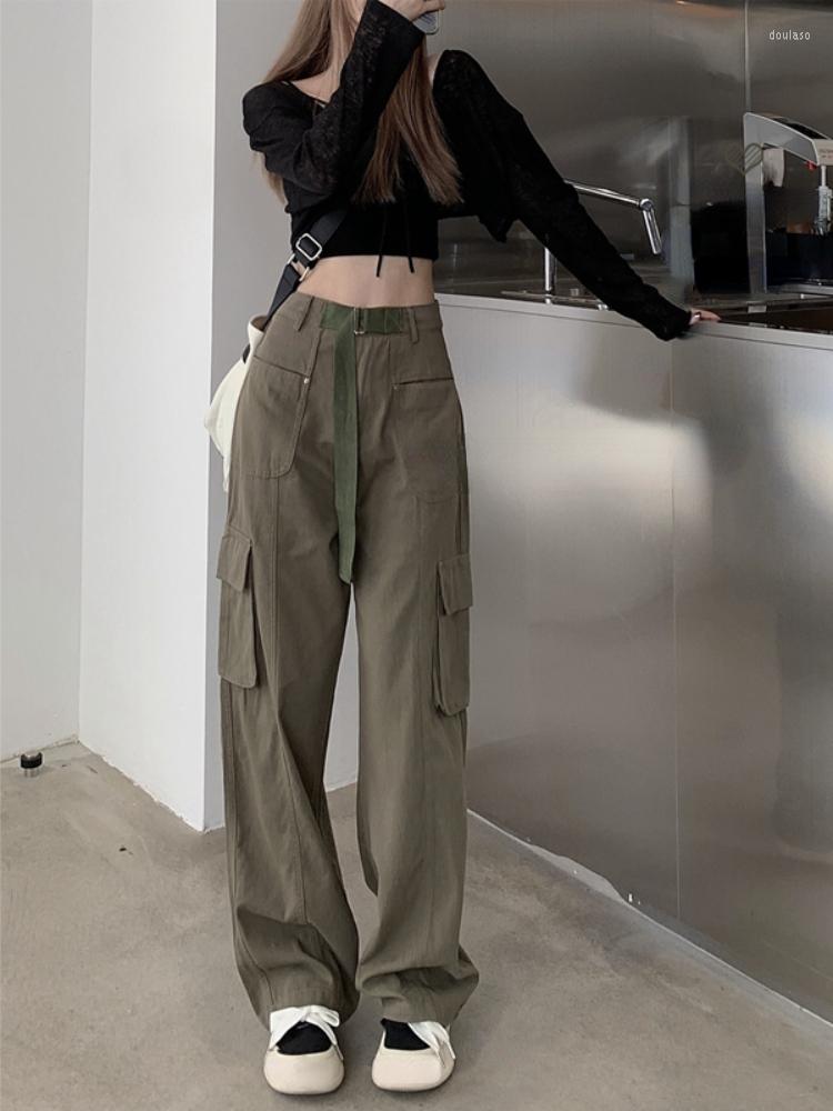 

Women' Pants Vintage Cargo Pure Color Woman Casual Baggy Y2k Denim Trouser Slim Straight Wide Leg High Waist Design 2023 Autumn, Army green