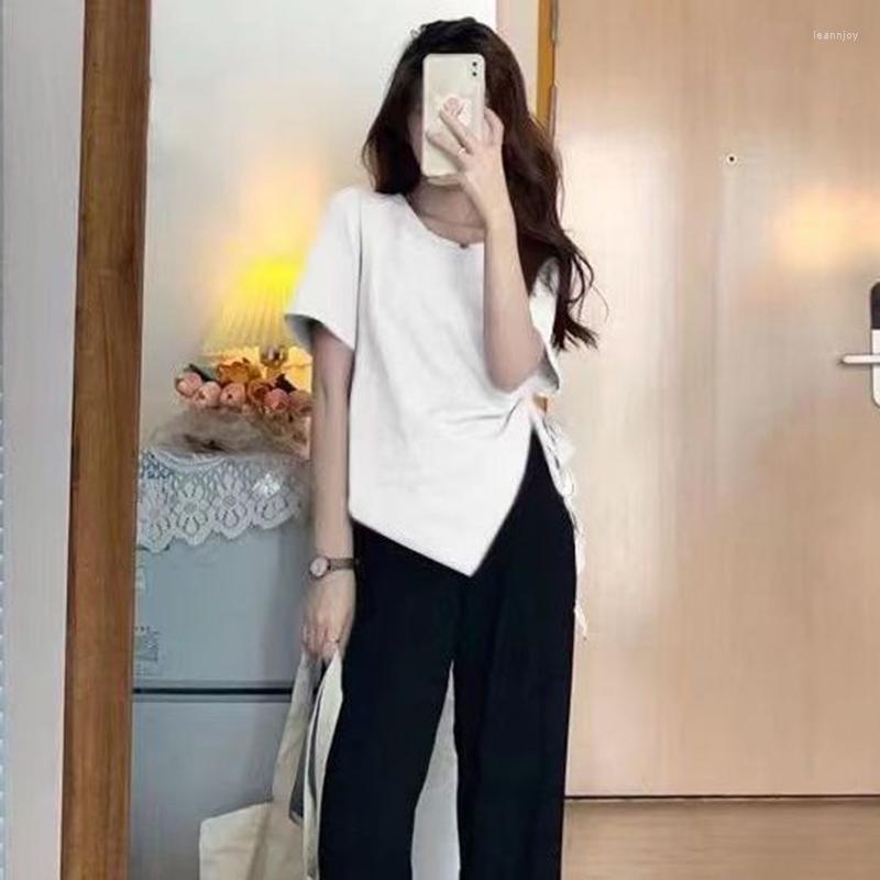 

Women's T Shirts Irregular Summer Short Sleeve Women Solid Slim Fit Gentle Girls Crop Top Drawstring Waist Casual Harajuku Kawaii Clothes, Black