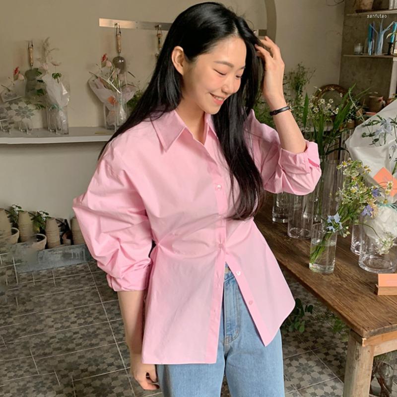 

Women's Blouses Korejepo Early Spring French Shirt Chic Waist Women's 2023 Solid Color Blouse Office Lady Simple Long Sleeved Shirts Top, Pink