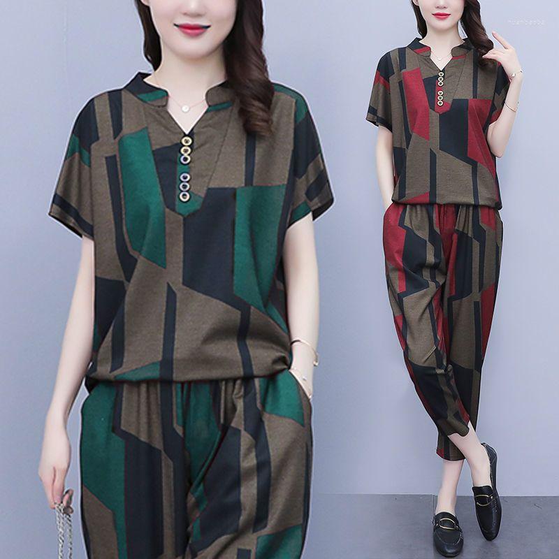 

Women's Tracksuits Vintage Casual Fashion Print Pant Sets Summer Short Sleeve Tee Elastic Ankle-Length Pants Outfits Loose Women's, Green
