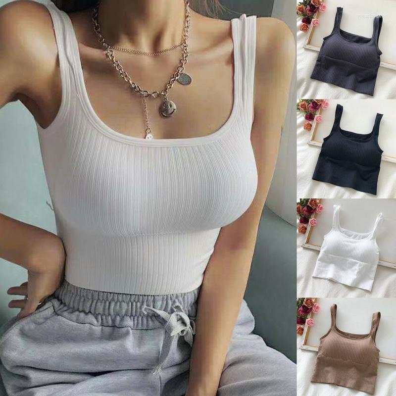

Women's Tanks Seamless Crop Top Women Y2k Wire-Free U-Shaped Camisole Wide Strap Striped Solid Bralette Lingerie Bottom Breathable Vest, White