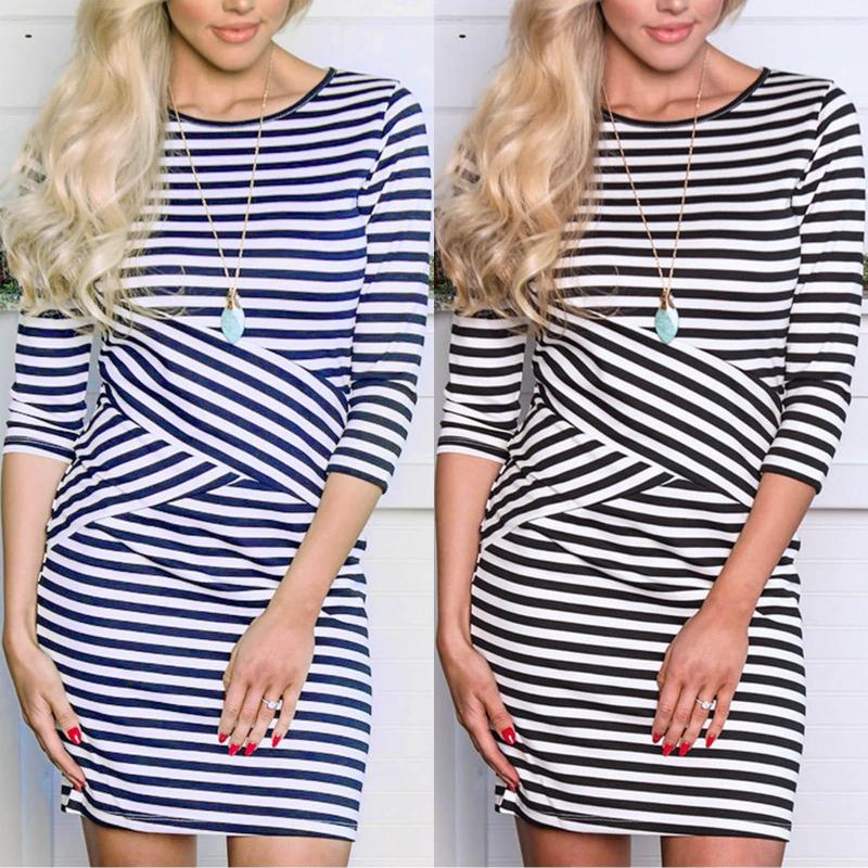 

Casual Dresses Women 2023 LLadies Striped Round Neck Long Sleeve Dress Pencil, Black