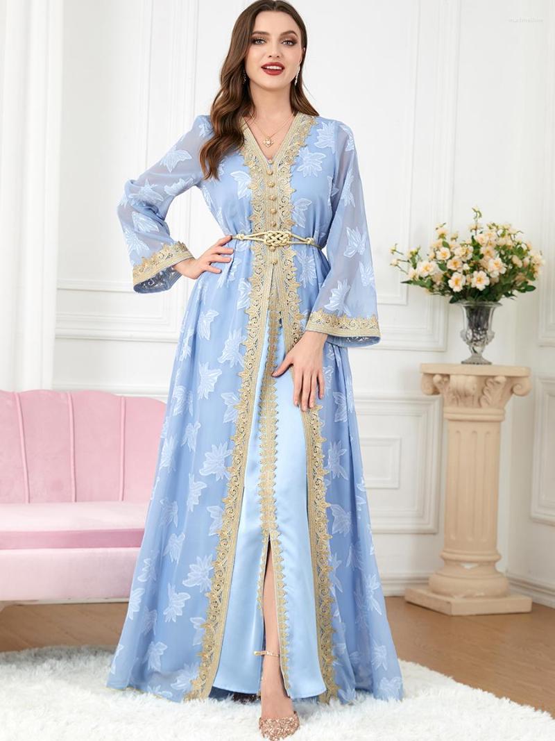 

Ethnic Clothing Moroccan Party Kaftan 2 Pieces Muslim Sets Women Belted Embroidery Lace Trim Abaya Ramadan Arabic Wedding Evening Dresses
