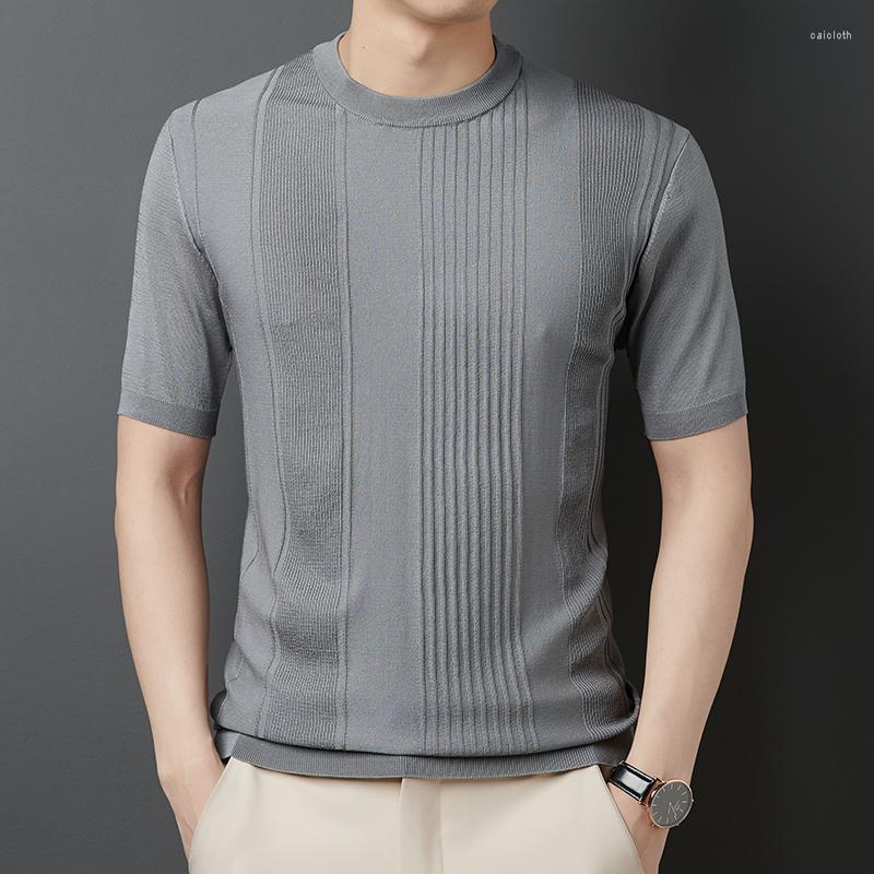 

Men's T Shirts 2023 Summer Men's Ice Silk Knitted Stripe O-Neck Loose Short Sleeve T-shirt Breathable Commuter Casual Style, Black
