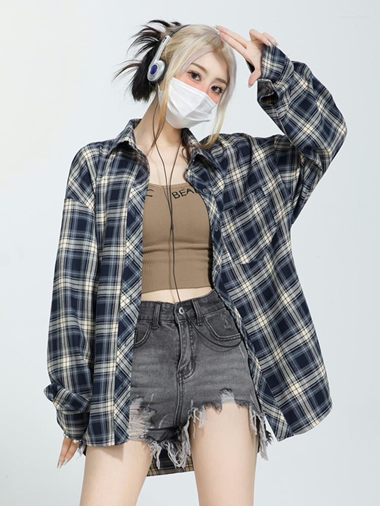 

Women's Blouses Korean Fashion Autumn Spring Single Breasted Loose Blouse Seeslim Turn-down Collar Plaid Shirt Women Long Sleeve Ladies Tops, Navy blue
