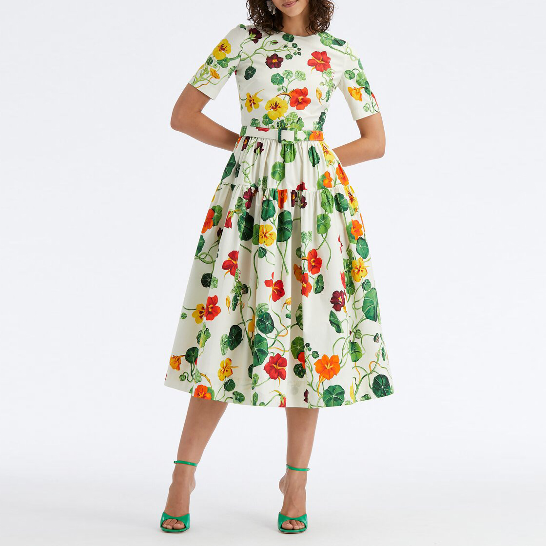 

American designer dress floral printed holiday new line midi dress, White