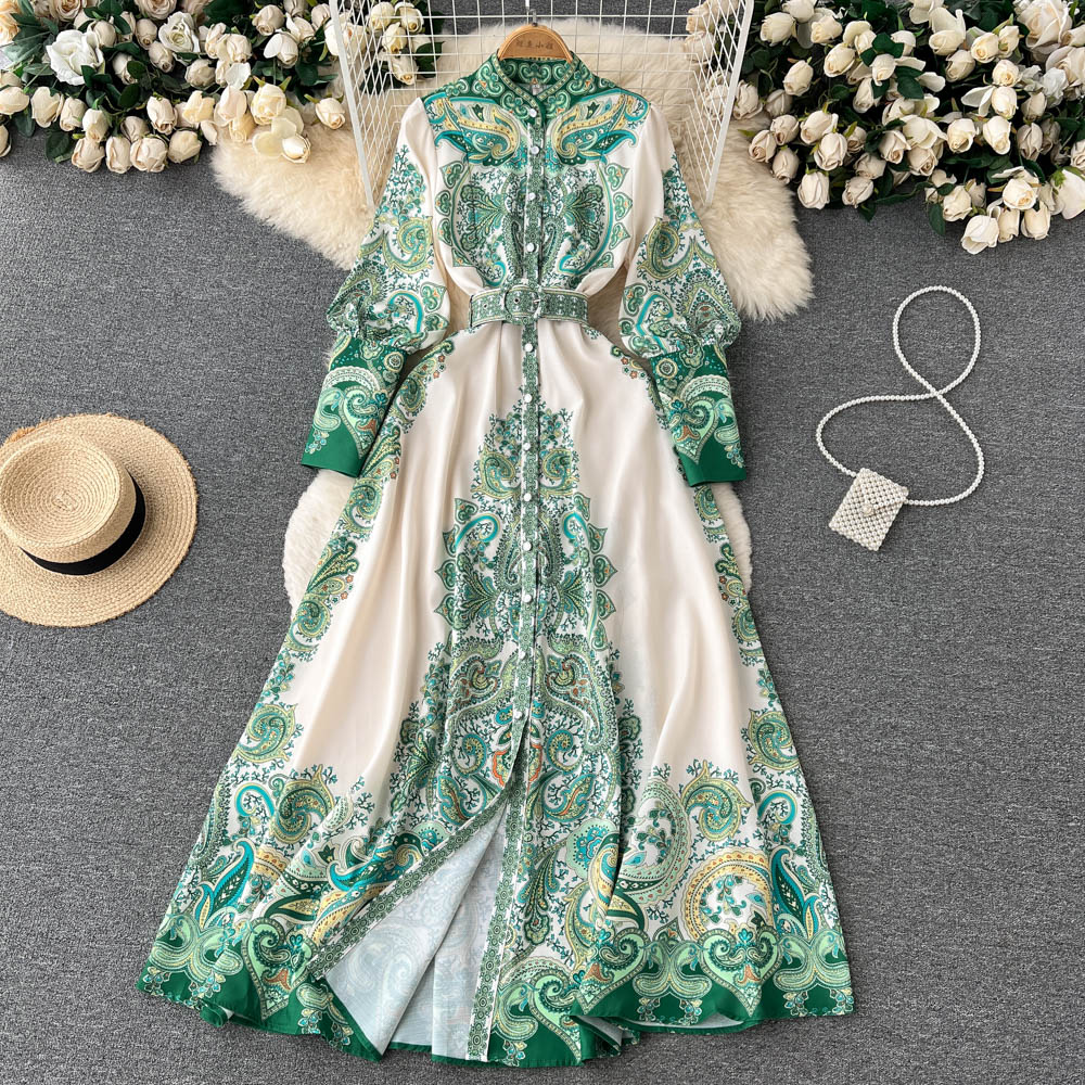 

New Cool Style Dress with High Sense Standing Neck Fragmented Flower Dress Elegant Celebrity Waist Wrapped A-line Long Dress, Green