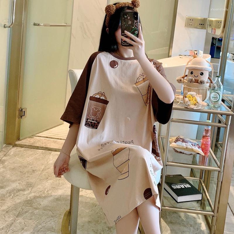 

Women's Sleepwear Cotton Pajamas Women's Summer Pringted Short Sleeve Round Neck Nightdress Kawaii Nightgown For Women Vestido Mujer