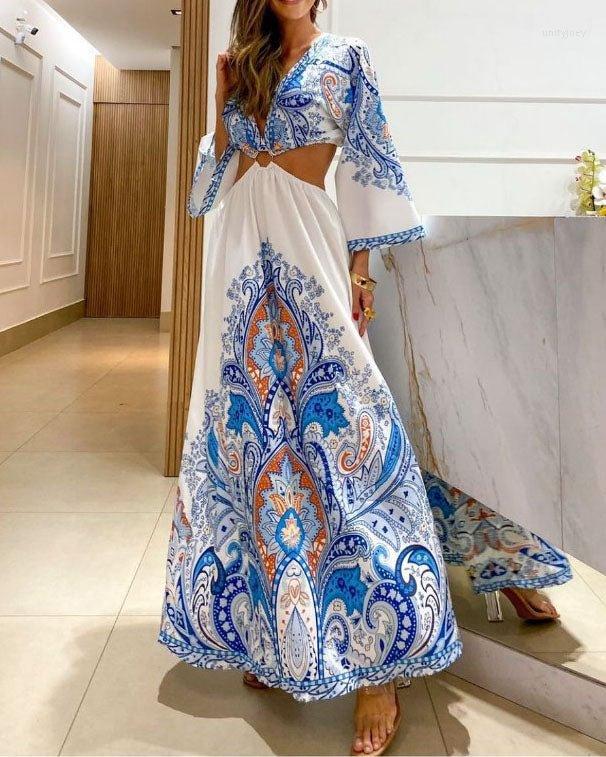 

Casual Dresses 2023 Summer Fashion V-neck Printed Midriff Outfit Irregular Long Sleeve Dress For Women, Red