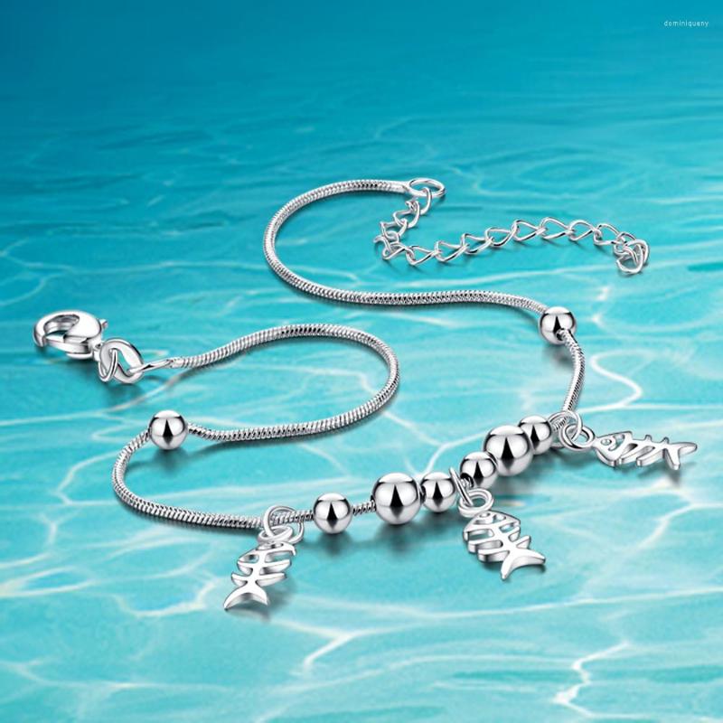 

Anklets Lucky Round Bead Anklet Fashion 925 Sterling Silver Fishbone For Women Fisherman Have Fish Fine Jewelry Accessories