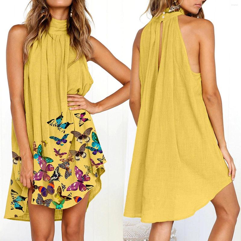 

Casual Dresses Women Sexy Halter Off Shoulder Boho Dress Elegant Cotton Linen Sleeveless A-Line Party Vintage Butterfly Print Mini, Black
