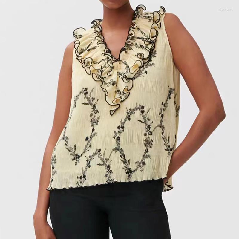 

Women' Blouses Women Sleeveless V-Neck Ruffles Blouse 2023 Summer Flower Print Pleated Shirt