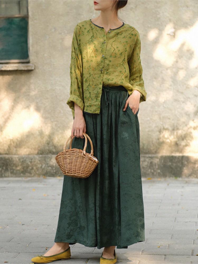 

Women's Blouses Retro Ramie Women 2023 Spring Summer Print Slim-type Tops Ladies O-Neck Button Long-sleeved Casual Blouse, Photo color