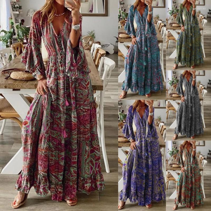 

Casual Dresses 2023 Spring And Summer Bohemian Wind Trumpet Sleeve Printed V-neck High Waist Holiday Dress Floral Female Long Skirt, Beige