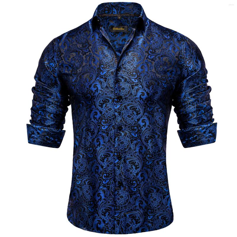 

Men' Casual Shirts Luxury Black Blue Paisley Silk For Men Long Sleeve Top Wedding Party Polyester Social Dress Shirt Clothing Blouse, Yc-2036