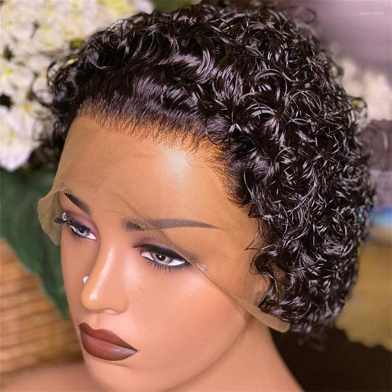 

Short Curly Lace Front Wigs 13x1 Brazilian Water Wave 180% Density Human Hair Wig Pixie Cut Transparent For Black Women, Picture shown