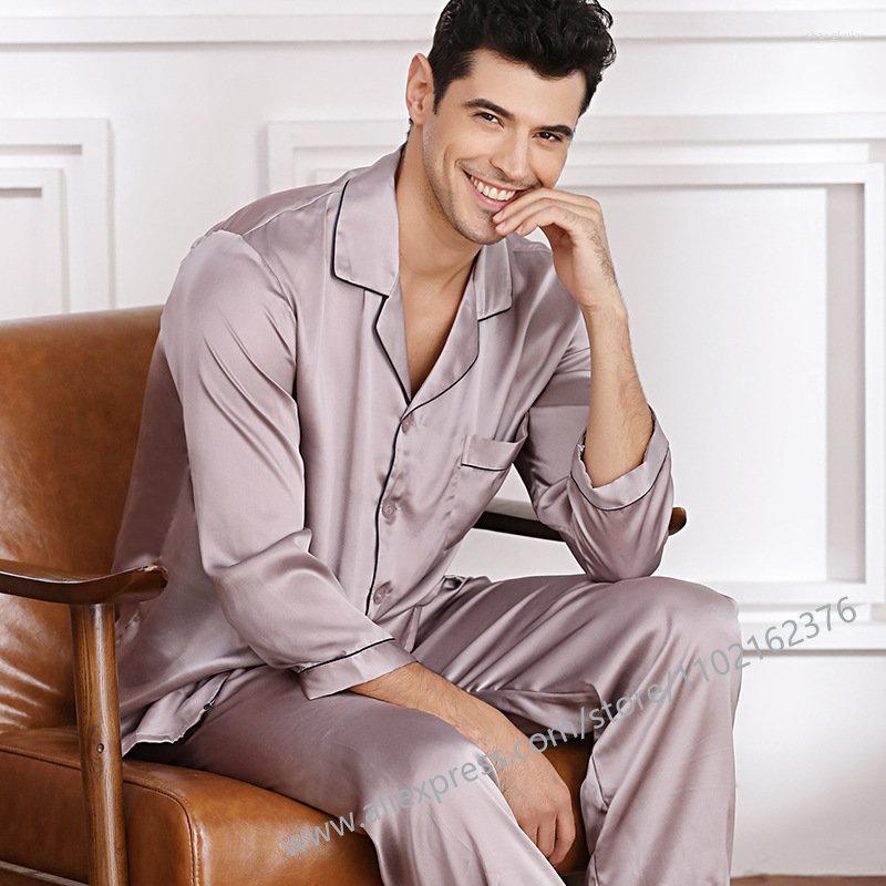 

Men's Sleepwear Luxury 16 Momme Mulberry Silk Pajama Man Long Sleeve Pijama Top And Bottom Two-piece Set Noble Male Pajamas, Dark brown