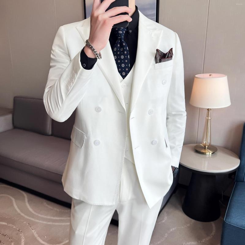 

Men's Suits (Jacket Vest Pants) Autumn Double-breasted Slim Men's Business Professional Casual Formal 3 Piece Set Groom Wedding, White