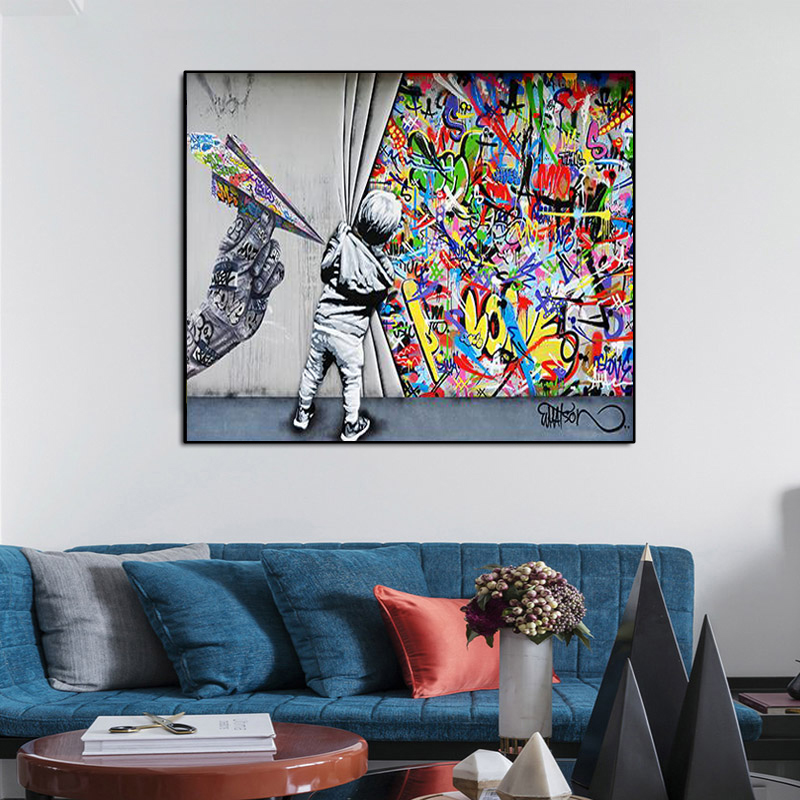 

Banksy Art Boy Girl Behind Curtains Graffiti Canvas Painiting Poster Print Street Pop Art Wall Picture for Kids Room Home Decor