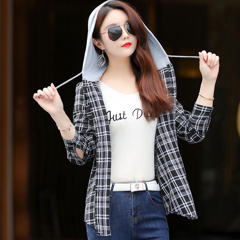 

Women's Blouses & Shirts 2023 Autumn Harajuku Women Plus Size Hooded Drawstring Drop Shoulder Plaid Tops Streetwear Long For Student, 863-1